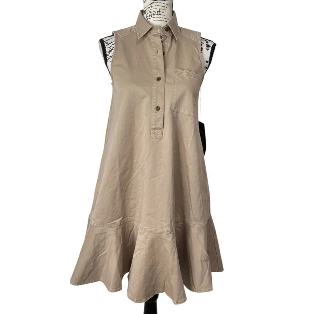Tuckernuck Sleeveless Button-Up Callahan Dress Ruffle Hem Khaki Womens XS NEW - Picture 2 of 10